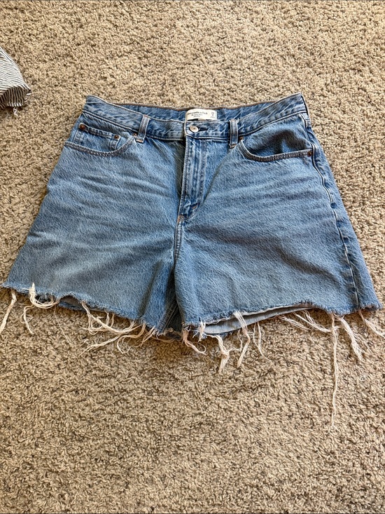 Abercrombie & Fitch Pants - Mid-Rise Curve Love Light Blue Denim Cutoff Shorts with Frayed Hem